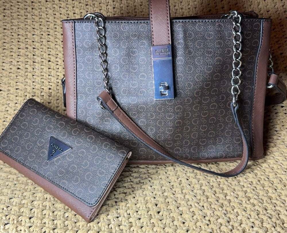 Guess Los Angeles Brown Logo Print Satchel Handbag and Matching Wallet Set
